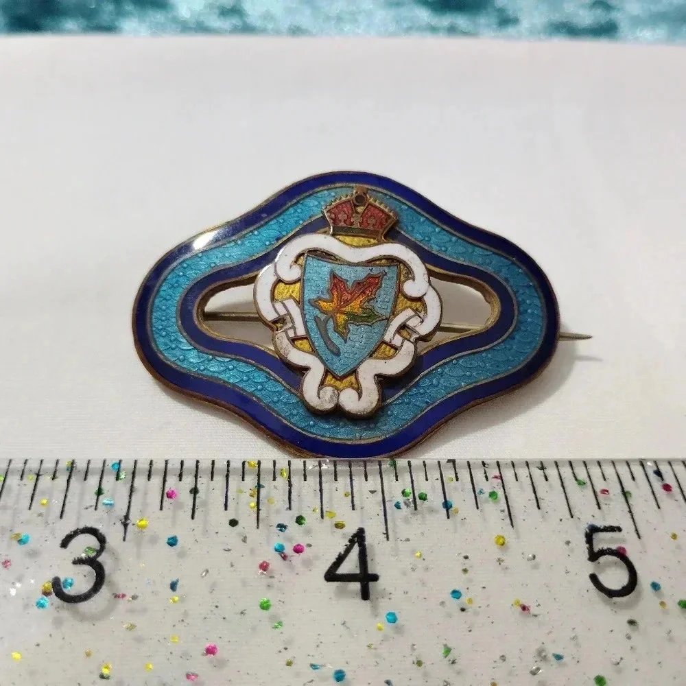 Antique Brooch Guilloche Enamel Canada Maple Leaf Shield Crest Long Arm Pin